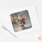 Schattigee kerst kat schaatsen speels vierkante sticker (Envelop)