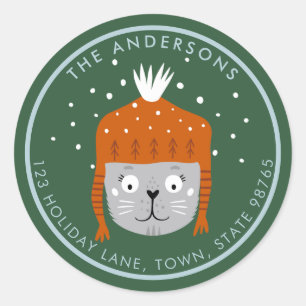 Schattigee Kerst Kat Sinaasappel Pet Groen Ronde Sticker