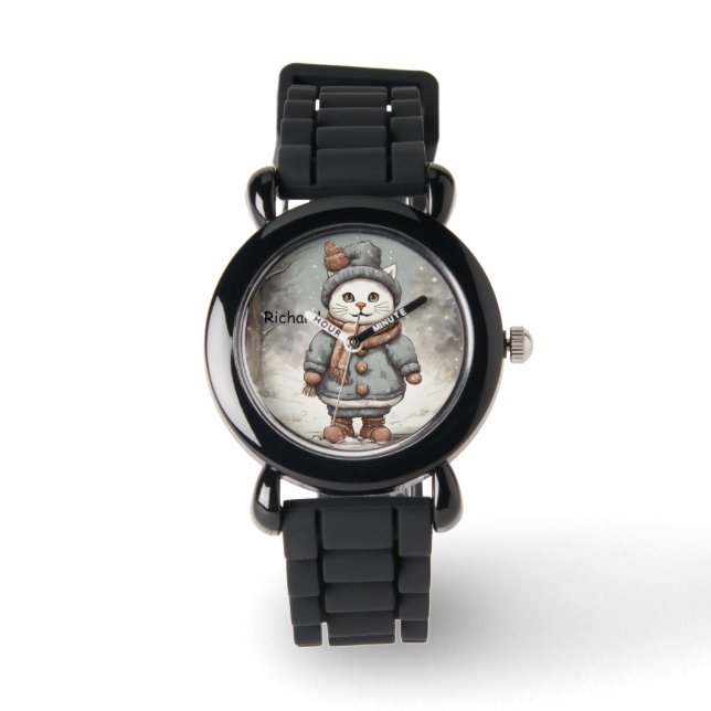Schattigee kerst kat sneeuwman Waterverf grillig Horloge (Voorkant)