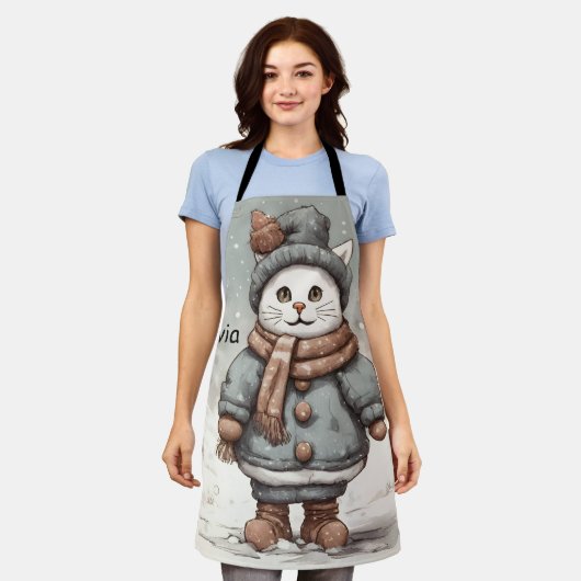 Schattigee kerst kat sneeuwman Waterverf grillig Schort (Gedragen)
