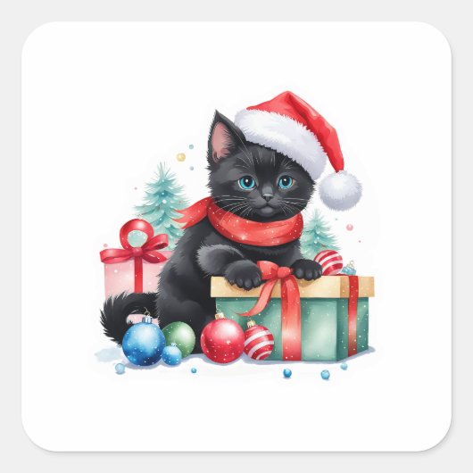 Schattigee Kerst Kat Sticker - Kat met Cadeaus (Voorkant)