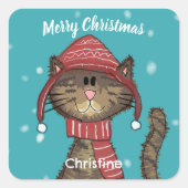 Schattigee kerst kat vakantie gepersonaliseerd vierkante sticker (Voorkant)
