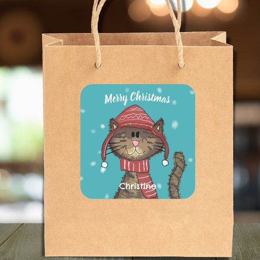 Schattigee kerst kat vakantie gepersonaliseerd vierkante sticker