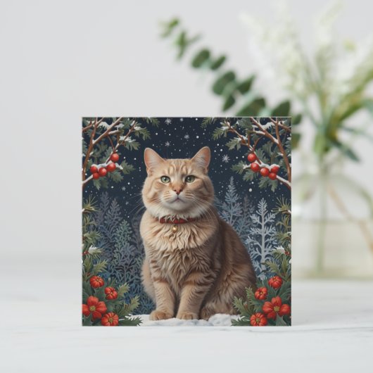 Schattigee kerst kat wintervakantie groen feestdagenkaart (Staand voorkant)