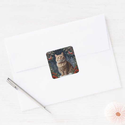 Schattigee kerst kat wintervakantie groen vierkante sticker (Envelop)