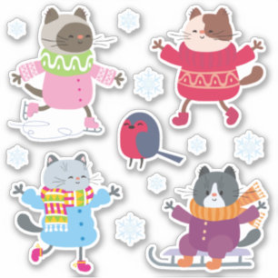 Schattigee Kerst Katten Vogel Schaats Sled Sneeuwv Sticker