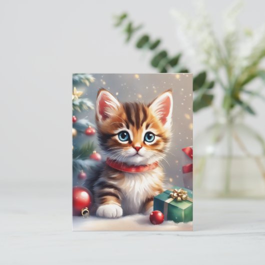 Schattigee kerst kitten blanke kerst feestdagenkaart (Staand voorkant)