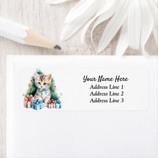 Schattigee kerst kitten retour adres label (Insitu)
