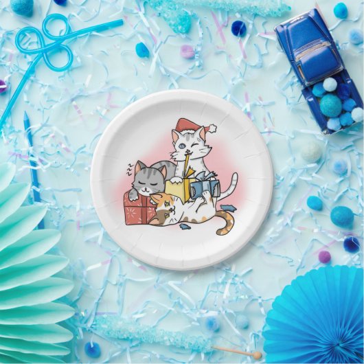 Schattigee Kerst Kittens spelen met Gifts Cartoon Papieren Bordje (Feest)