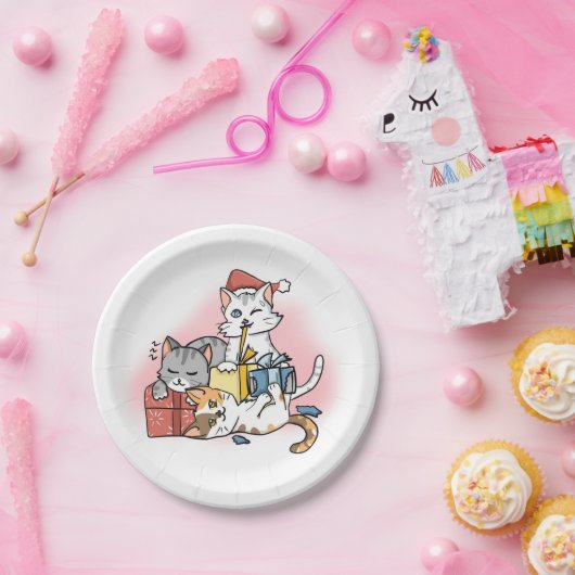 Schattigee Kerst Kittens spelen met Gifts Cartoon Papieren Bordje (Feest)