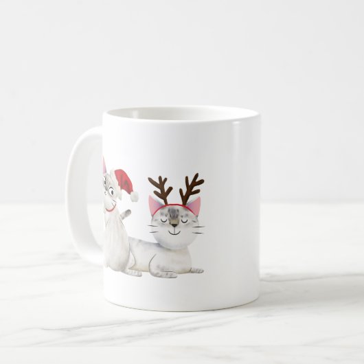 Schattigee Kerst Kitty Kat Santa Hoed & Antlers Koffiemok (Voorkant links)