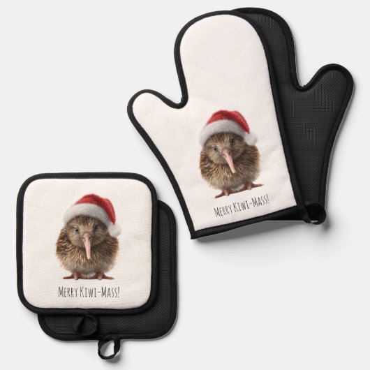 Schattigee kerst kiwi, op maat ovenwant & pannenlap set (Voorkant / Achterkant)