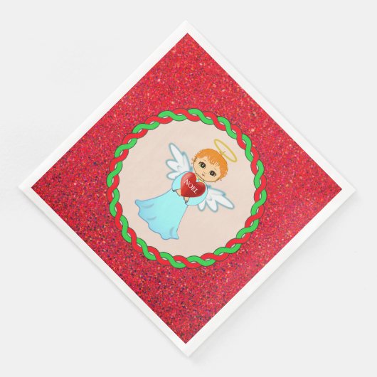 Schattigee kerst kleine engel op beige & rood servet (Hoek)