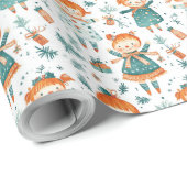Schattigee kerst kleine meisje patroon cadeaupapier (Rol Hoek)