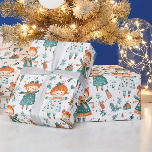 Schattigee kerst kleine meisje patroon cadeaupapier (Feestdagen)