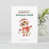 Schattigee kerst Koe in winterkledij Feestdagenkaart (Staand voorkant)