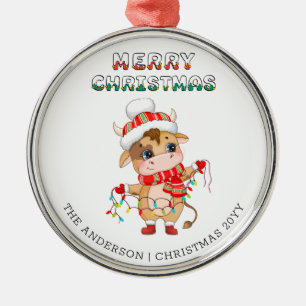 Schattigee kerst Koe in winterkledij Metalen Ornament