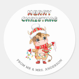 Schattigee kerst Koe in winterkledij Ronde Sticker