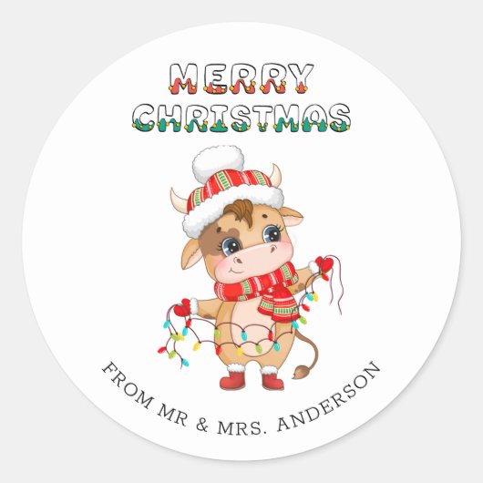 Schattigee kerst Koe in winterkledij Ronde Sticker (Voorkant)