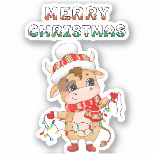 Schattigee kerst Koe in winterkledij Sticker (Voorkant)
