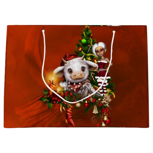 Schattigee kerst koe met kleine elf groot cadeauzakje (Voorkant)