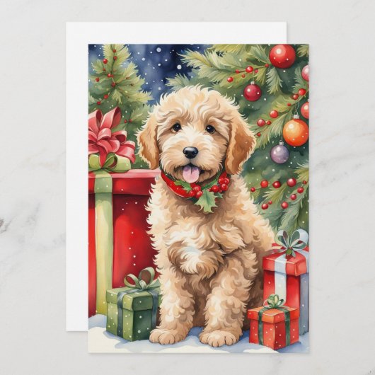Schattigee Kerst Labradoodle Puppy met Cadeaus Feestdagenkaart (Voorkant / Achterkant)