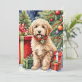 Schattigee Kerst Labradoodle Puppy met Cadeaus Feestdagenkaart (Staand voorkant)