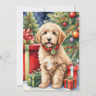 Schattigee Kerst Labradoodle Puppy met Cadeaus Feestdagenkaart