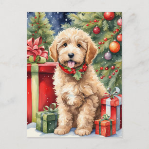 Schattigee Kerst Labradoodle Puppy met Cadeaus Feestdagenkaart