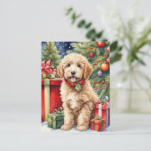 Schattigee Kerst Labradoodle Puppy met Cadeaus Feestdagenkaart (Staand voorkant)