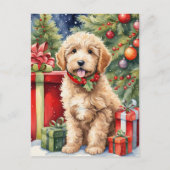 Schattigee Kerst Labradoodle Puppy met Cadeaus Feestdagenkaart (Voorkant)