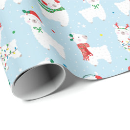 Schattigee kerst lama's op lichtblauw cadeaupapier