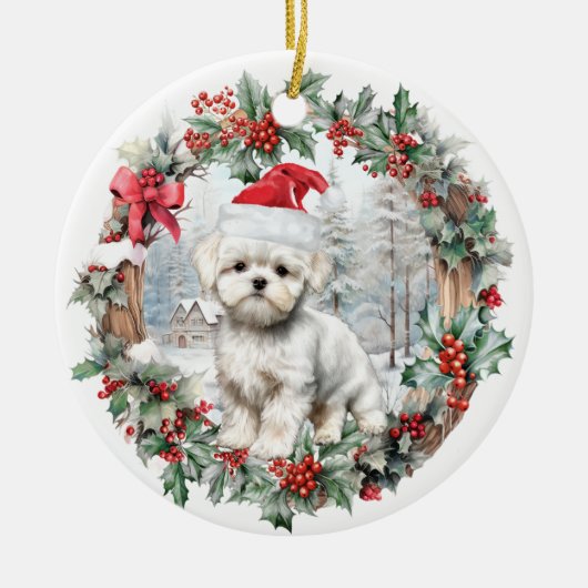 Schattigee kerst maltese hond puppy kerstmuts keramisch ornament (Voorkant)