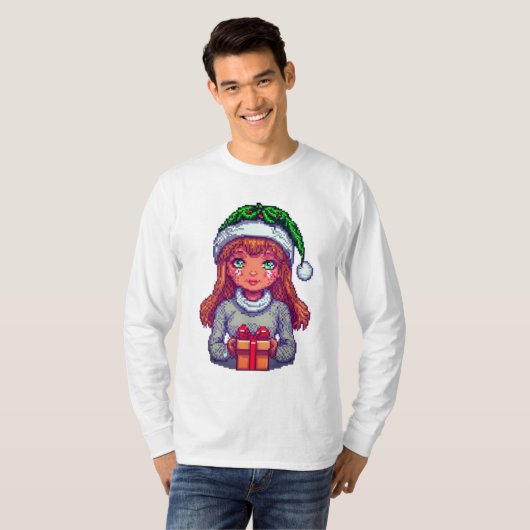 Schattigee kerst meisje pixel art t-shirt (Voorkant volledig)