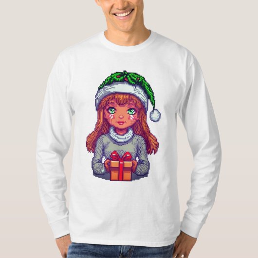 Schattigee kerst meisje pixel art t-shirt (Voorkant)