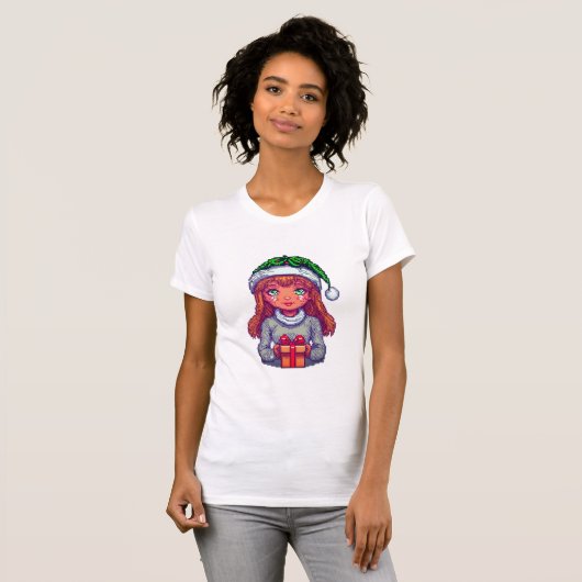Schattigee kerst meisje pixel art t-shirt (Voorkant volledig)