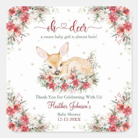 Schattigee kerst Oh Deer Baby shower Vierkante Sticker (Voorkant)