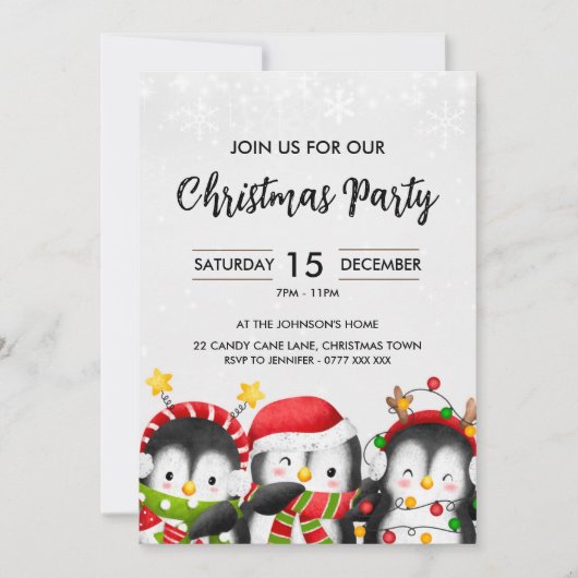 Schattigee kerst pinguïn feestuitnodiging kaart (Voorkant)