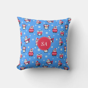 Schattigee Kerst Pinguïn Monogram Sneeuwvlok Kweke Kussen