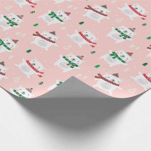 Schattigee Kerst Polar Beren op lichtroze Cadeaupapier (Hoek)