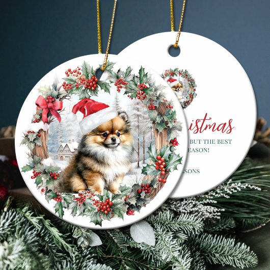 Schattigee kerst pomeraanse hond puppy Santa hoed Keramisch Ornament
