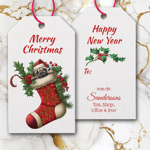 Schattigee kerst pug hond gluren cadeaulabel