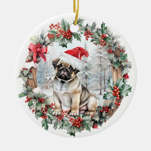Schattigee kerst pug hond puppy kerstmuts keramisch ornament (Voorkant)