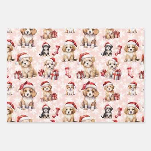 Schattigee Kerst Puppies en Kousen Inpakpapier Vel (Voorkant)