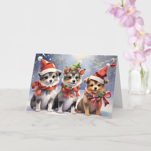 Schattigee Kerst Puppies met Santa Hats Kaart (Orchidee)