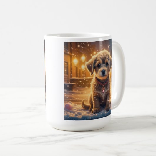 Schattigee kerst Puppies op een sneeuwnacht Koffiemok (Voorkant rechts)