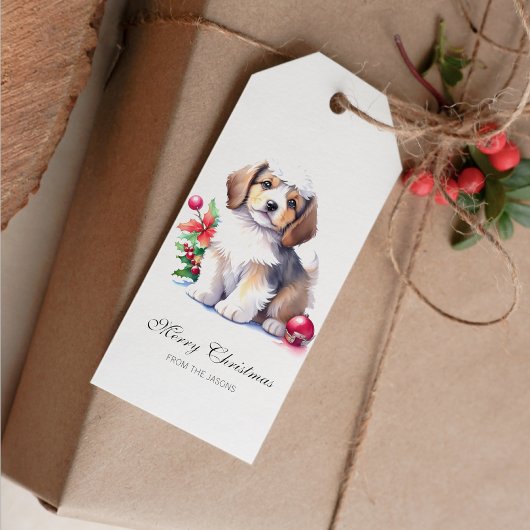 Schattigee kerst puppy gepersonaliseerd cadeaulabel