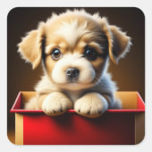 Schattigee kerst puppy hond in een geschenkdoos vierkante sticker (Voorkant)