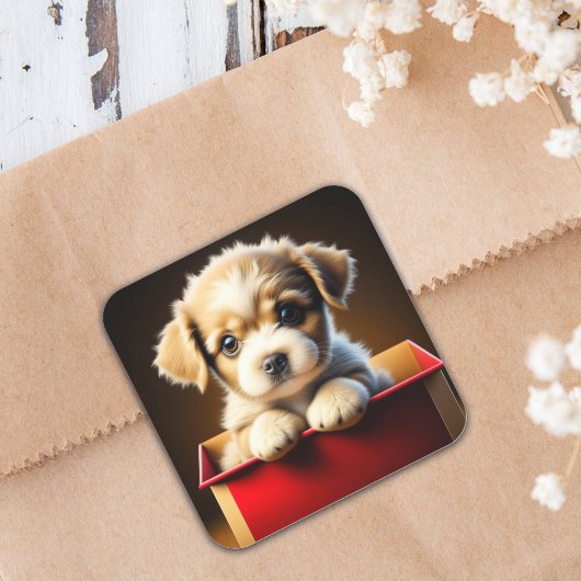 Schattigee kerst puppy hond in een geschenkdoos vierkante sticker