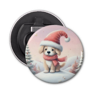 Schattigee kerst puppy in santa hoed button flesopener
